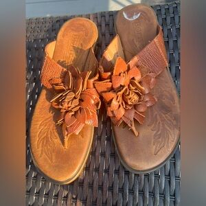Born Brown Sandals with Floral Embellishment. Size 7/38. Lightly worn.